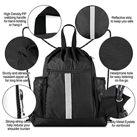Unisex Drawstring Bag Backpack with Shoe Compartment and Two Water Bottle Holder